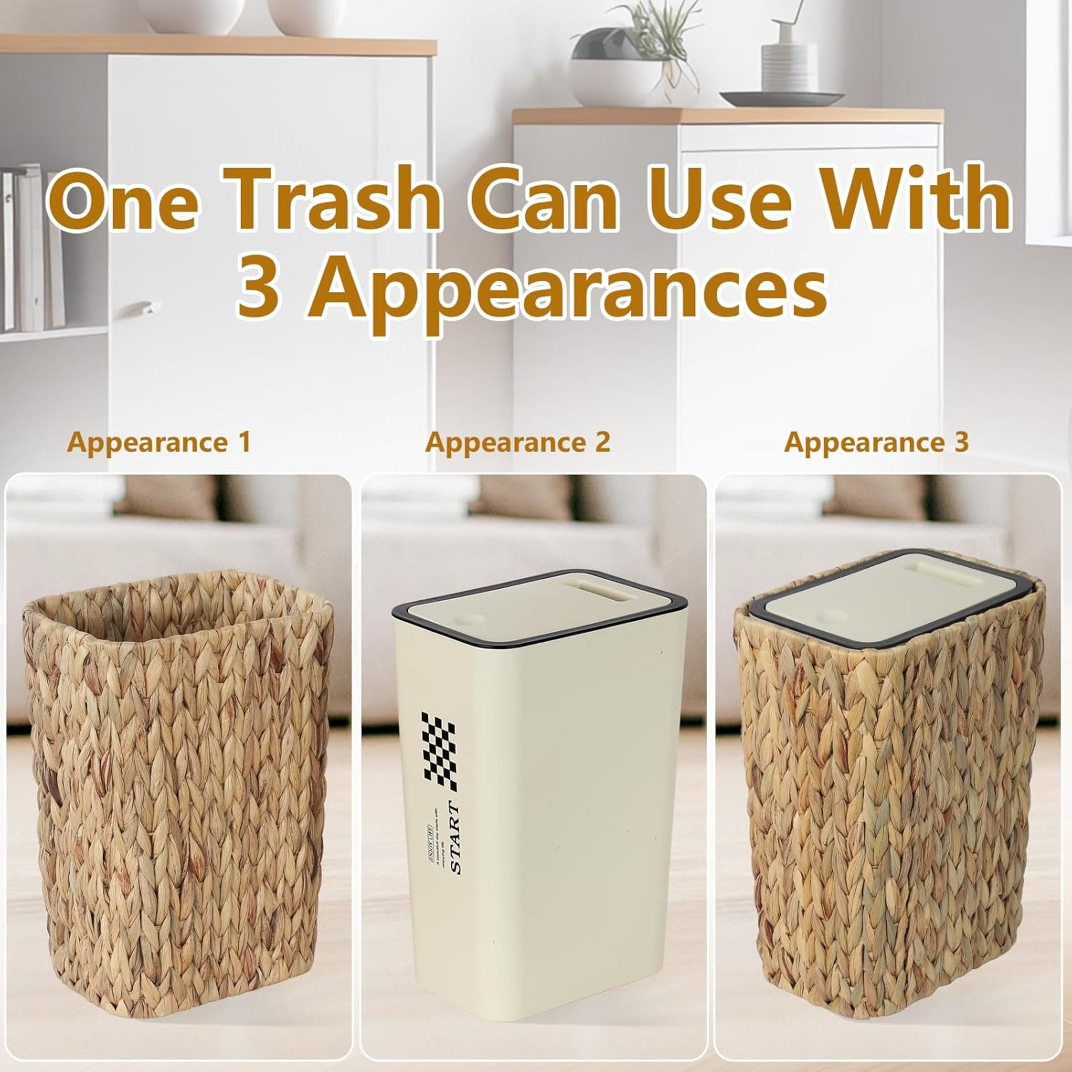 Noble House 2.6 Gallon Boho Rattan Bathroom Trash Can with Press Top Lid, Slim Lidded Wastebasket, Light Brown