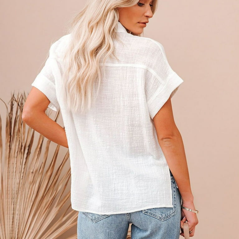 Yxzogd Women's Cotton Linen Shirt - V Neck Button Down Short Sleeve Blouse For Summer