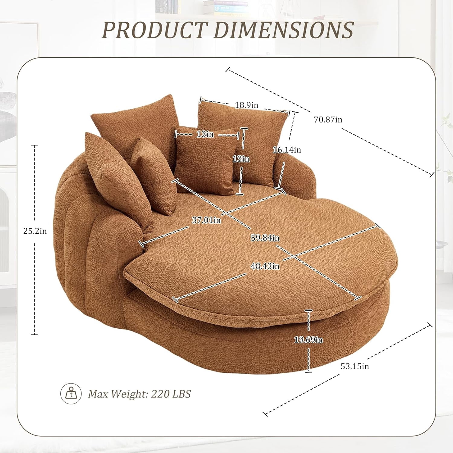 AENKYO Oversized Chenille Bean Bag Sofa with 5 Pillows, Oval Lazy Floor Sofa with Wraparound Backrest for Adults-Brown