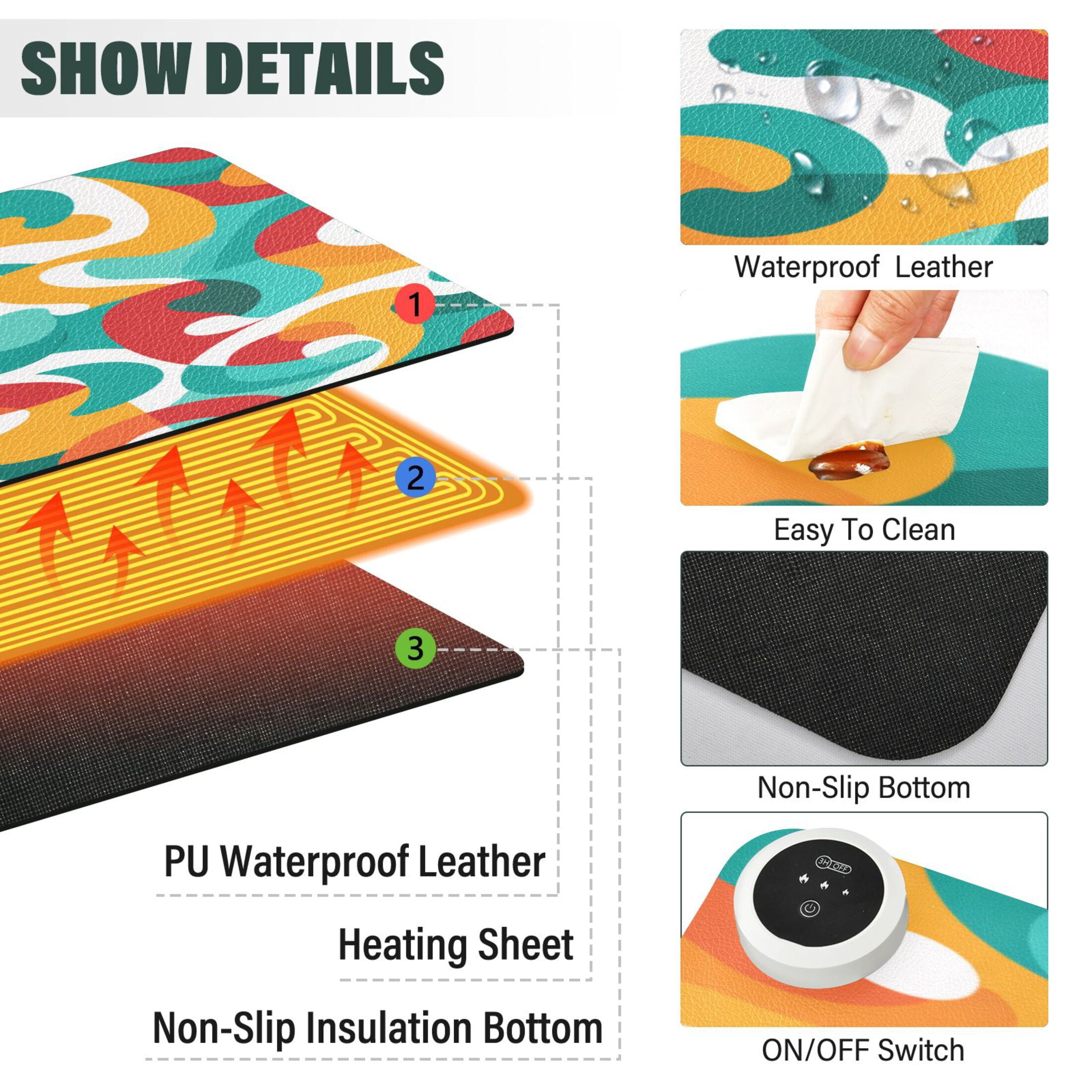 Large Heated Desk Mat Mouse Pad 31.5"x13"PU Leather Graphene Heating Desk Warmer with 3 Temperature Settings 110V US Plug Non-Slip Warm Pad for Home, Office, and Gaming Waves Of Tropical Color