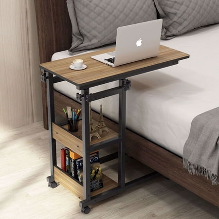 TribeSigns Snack Side Table, Mobile End Table Height Adjustable Bedside Table Laptop Rolling Cart C Shaped TV Tray with Storage Shelves for Sofa Couch