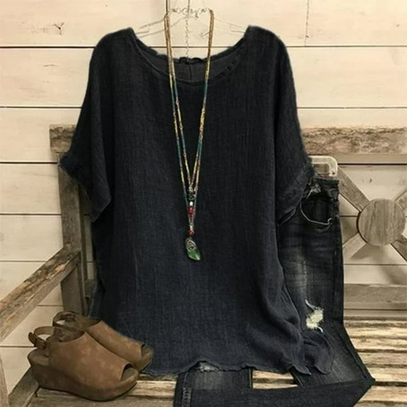 UPPADA Under 15 Women's Plus Size Linen Tops Casual Summer Flowy Shirts Beach Lightweight Tunic Blouse 3/4 Sleeve Cotton Linen Blouses Pullover Tops Black,XXL