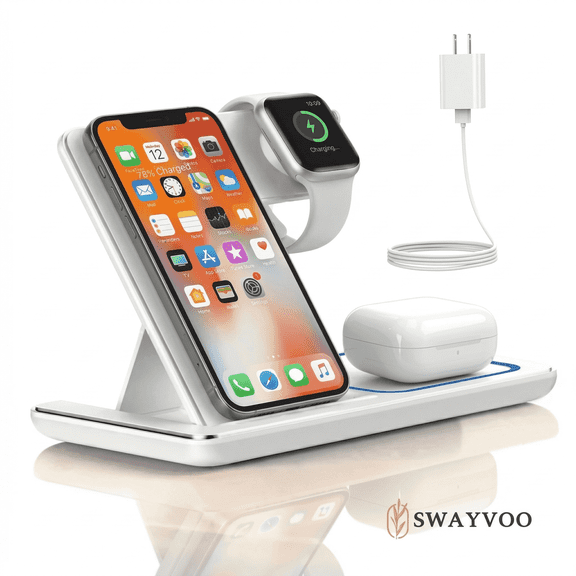 Swayvoo 3 in 1 Wireless Charging Station for iPhone 16 15 14 13 12 11 X Pro Max,Apple Watch, AirPods and Multiple Devices White