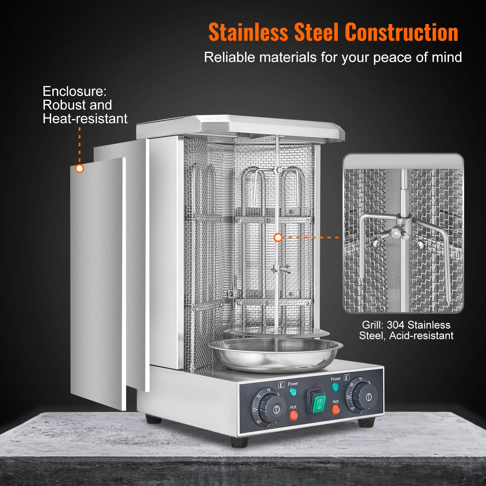 KFFKFF Gyro Rotisserie Oven, Can Hold 13lbs, Electric Vertical Broiler with 2 Heating Elements, 122℉-572℉ Chicken Shawarma Cooking Device, Doner Kebab Maker for Residential/Commercial Purposes