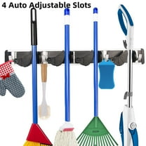 Mop Broom Holder Wall Mount Broom Organizer and Storage Rooms Garage Garden Kitchen Clean Tools (4 Auto Adjustable Slots & 4 Hooks, Black)