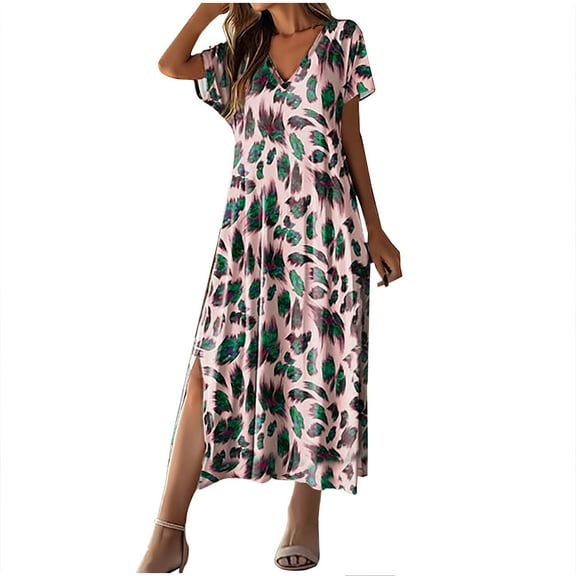 WRKEKC Summer Dresses for Women, T-Shirt Dress for Women, Women's Summer Casual Short Sleeve V-Neck Floral Print Mid-Length Dress