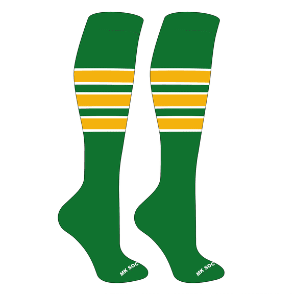 MK Socks Striped Knee High Baseball, Football Socks (C) Kelly Green, White, Gold