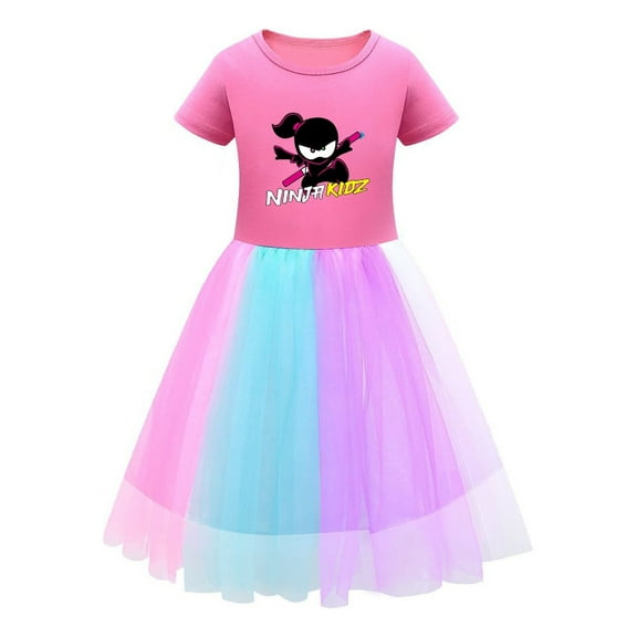 Ninja Kidz Birthday Dress for Girls – Rainbow Tulle and Cotton Top Combo – Adorable Short Sleeve Outfit with Graphic Design for Celebrations