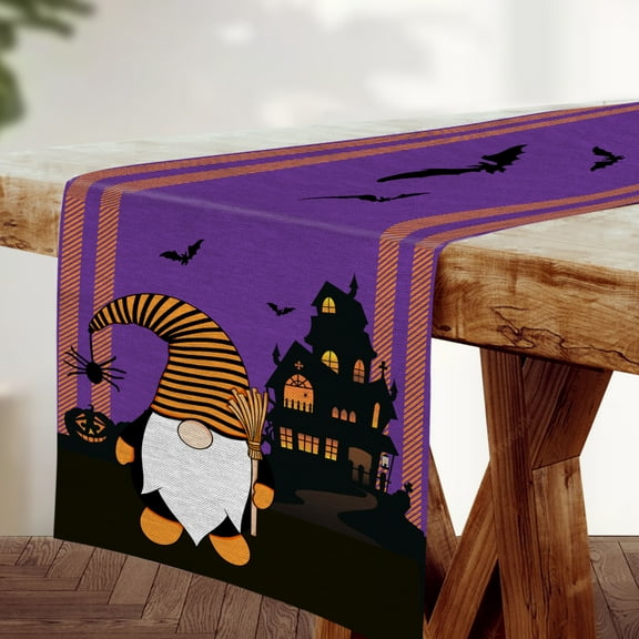 DecorX Halloween Table Runner Spooky Gnome Bats Indoor Decorations 14 x 72 inch Purple