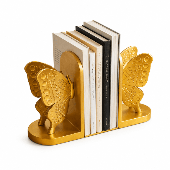 Gold Butterfly Bookends for Shelves, Decorative Resin Book Holders for Home Office Desk and Bookshelf Decor, Set of 2