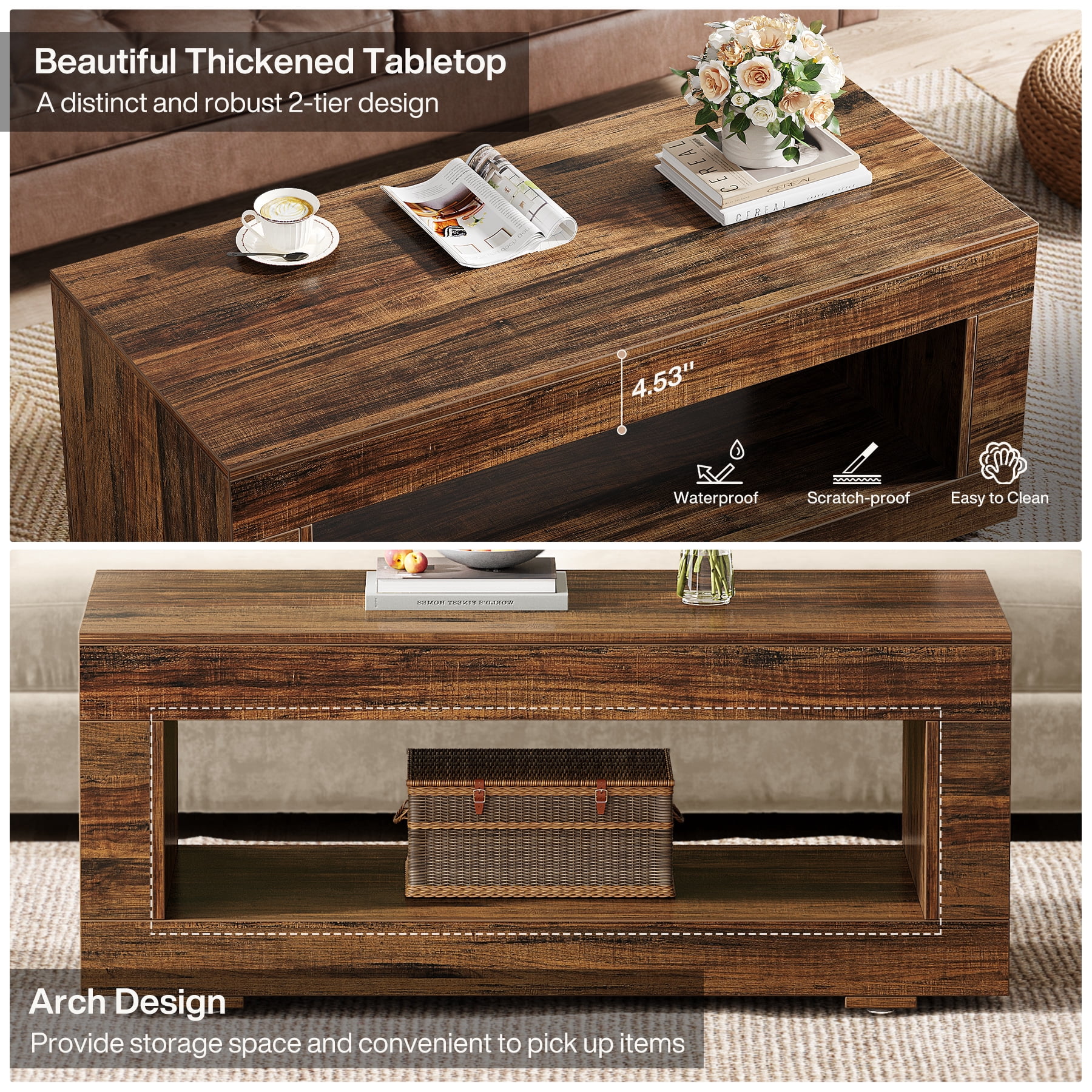 Tribesigns Coffee Table for Living Room, 43.3" Modern Farmhouse Coffee Table with Storage, 2-Tier Wood Rectangular Center Table Cocktail Living Room Table with Sturdy Base, Rustic Brown