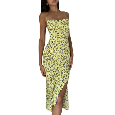 

TFFR Women Floral Dress Sleeveless Halter Backless Tie Side Slit Dresses
