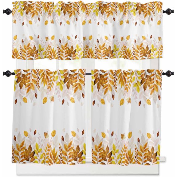 Red Leaf Kitchen Curtains, Fall Plant Country Vintage Watercolor White 3-Piece Kitchen Curtain Valance and Tiers Set 36 Inch Length, Rod Pocket Half Window Curtains for Cafe Living Room Bathroom