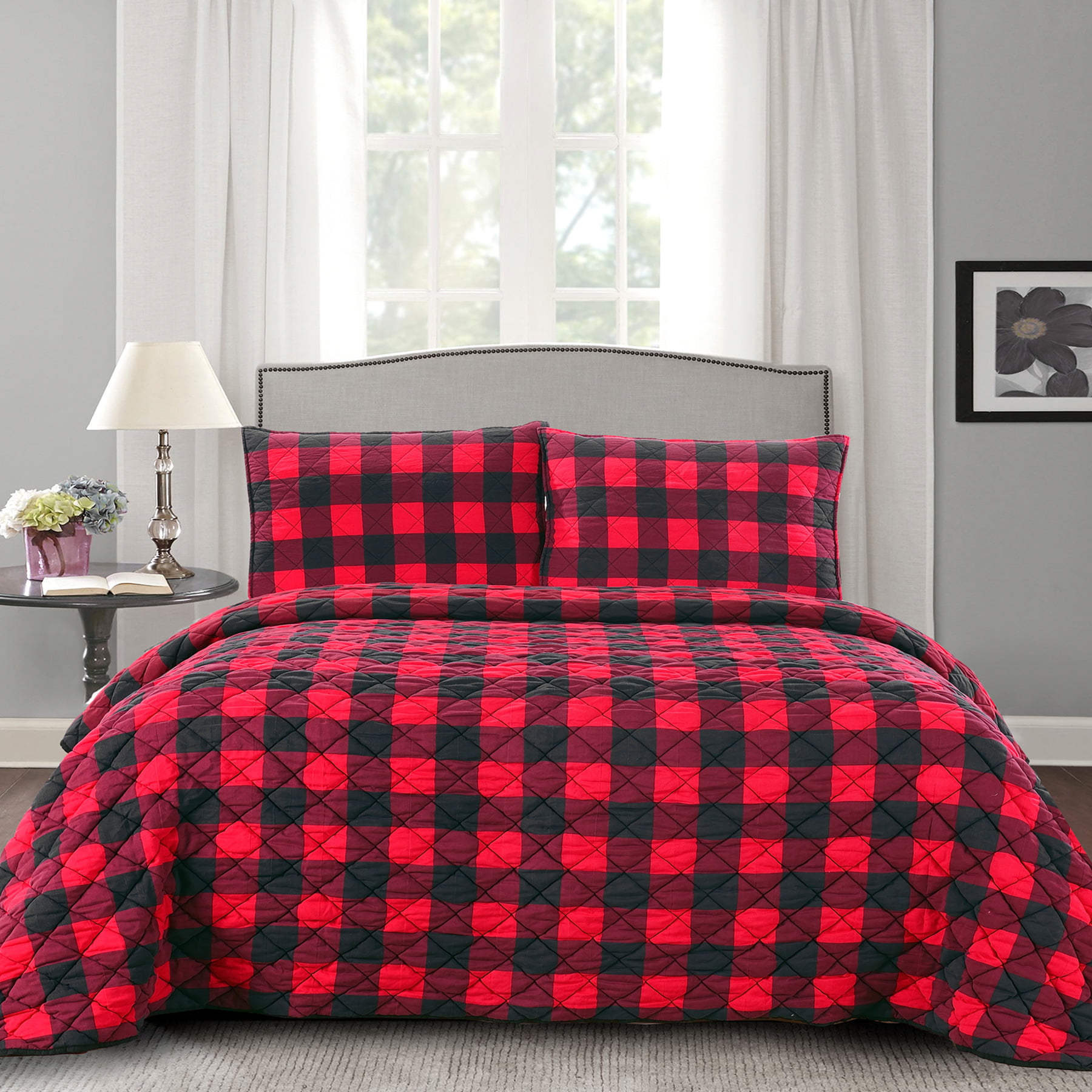 Plaid Reversible Buffalo 3 Piece Comforter with Two Pillow Shams Queen Size Set 