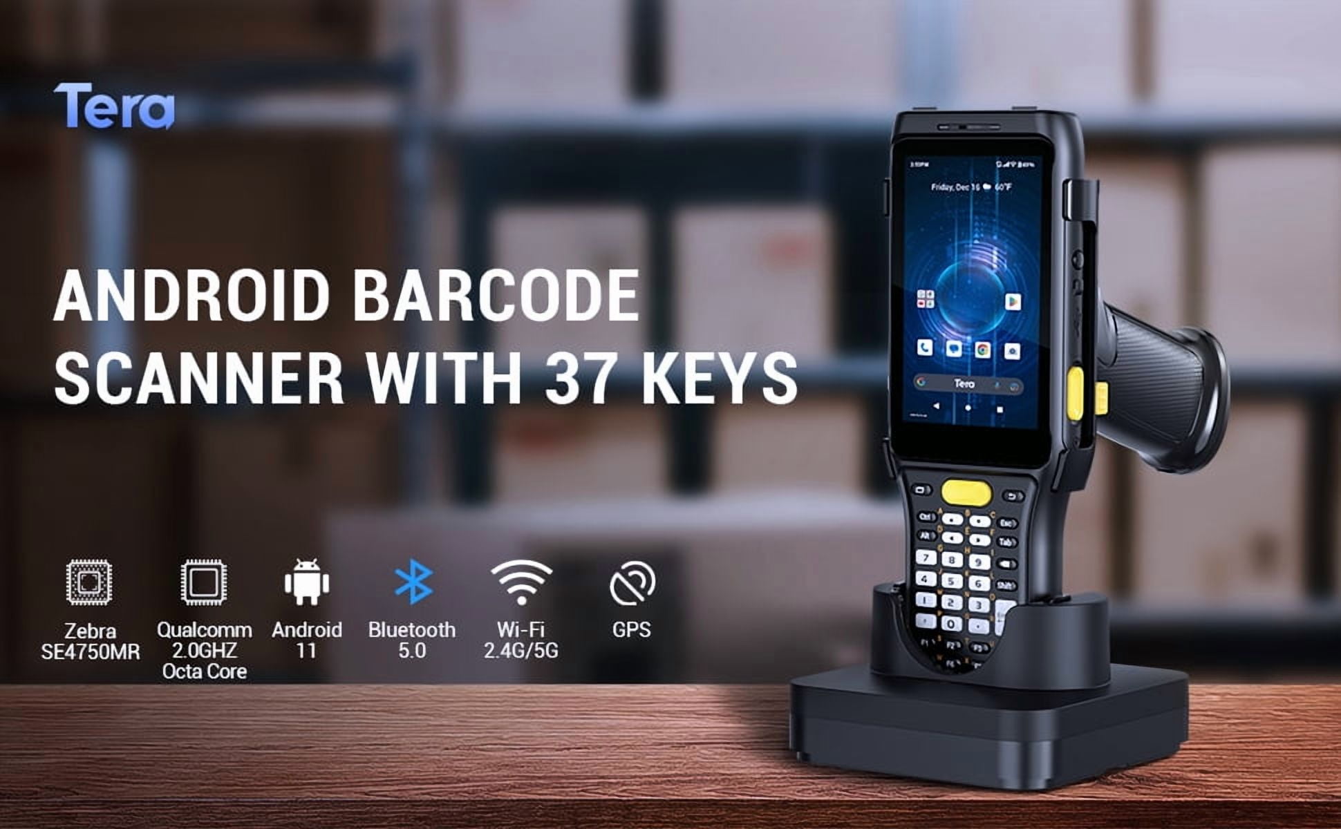 Tera Pro Android Barcode Scanner: 37 Keys Zebra SE4750MR Scan-Range 13FT Qualcomm CPU 6700mAh with Hot-swap Android 11 1D 2D QR Handheld PDA Charging Cradle Pistol Grip 4G BT 5.0 Wi-Fi GPS P161
