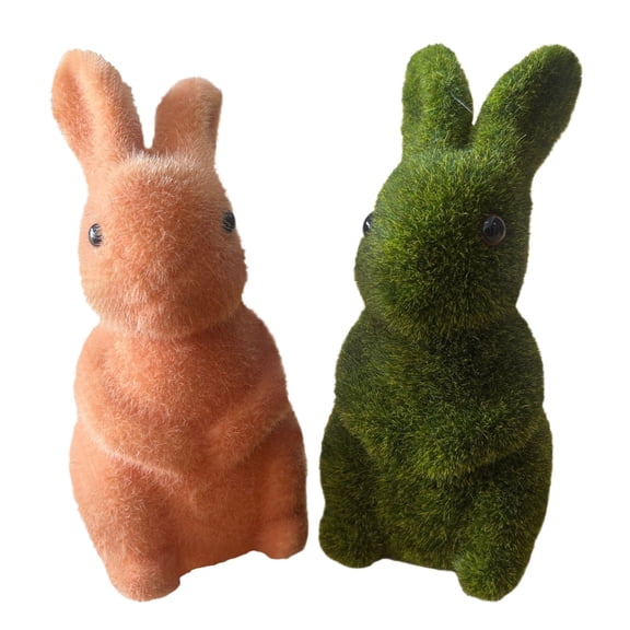 THHEIC 2PCS Fuzzy Flocked Bunny Easter Spring Decor Furry Covered Rabbits Figurines Statue Garden Artificial Animal Moss Sculpture for Indoor Table Home Kitchen Shelf Decor