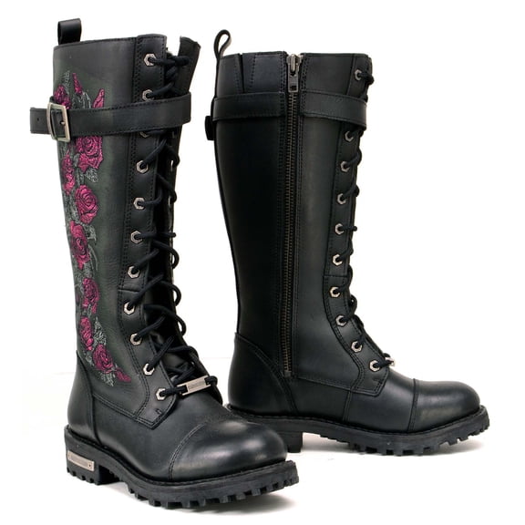 Milwaukee Leather MBL9356 Women's Black 14” Tall Motorcycle Boots Lace-Up High-Rise Pink Embroidered Leather Shoe 11