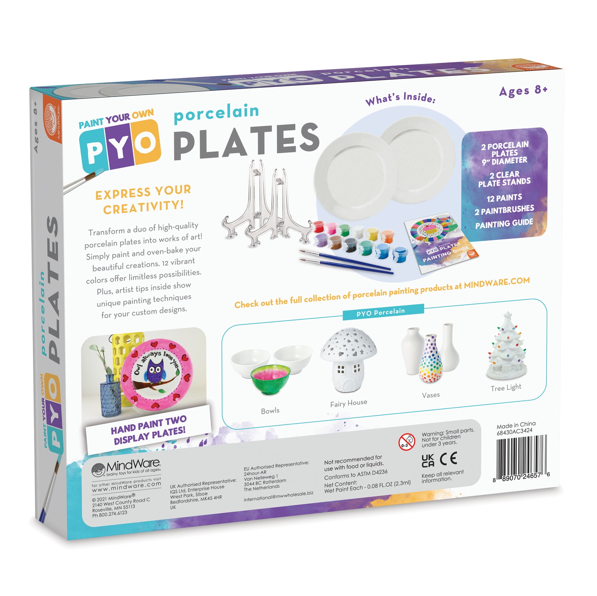 MindWare Creative Art Paint Your Own Porcelain Plates Kit with 2 Plates, 12 Paints, 2 Brushes, and 2 Stands