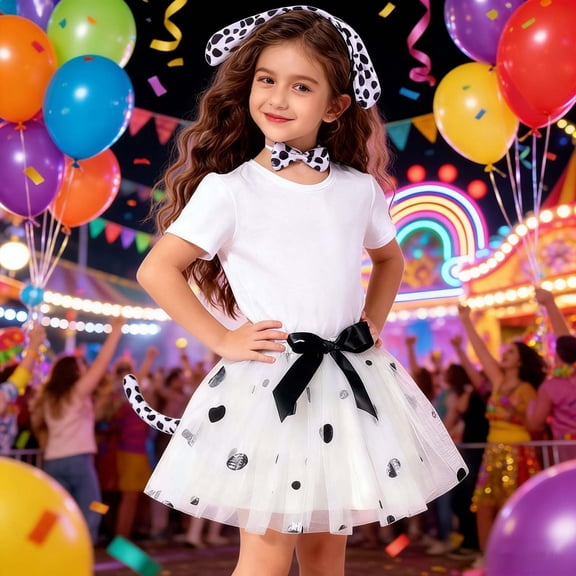 Kids Girls Dalmatian-Print Sequin Tutu Skirt & Accessory Set – Carnival Festive Party Dance Outfit in White for 2-11 Years Old Performance Dress-Up