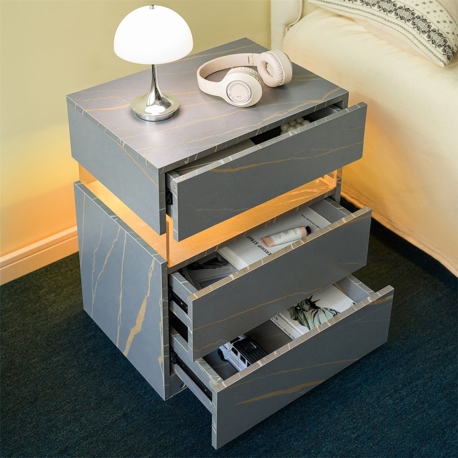 Hommoo 3 Drawer Dresser LED Nightstands, End Table Bedside Tables for Bedroom, Living Room, Gray Gold