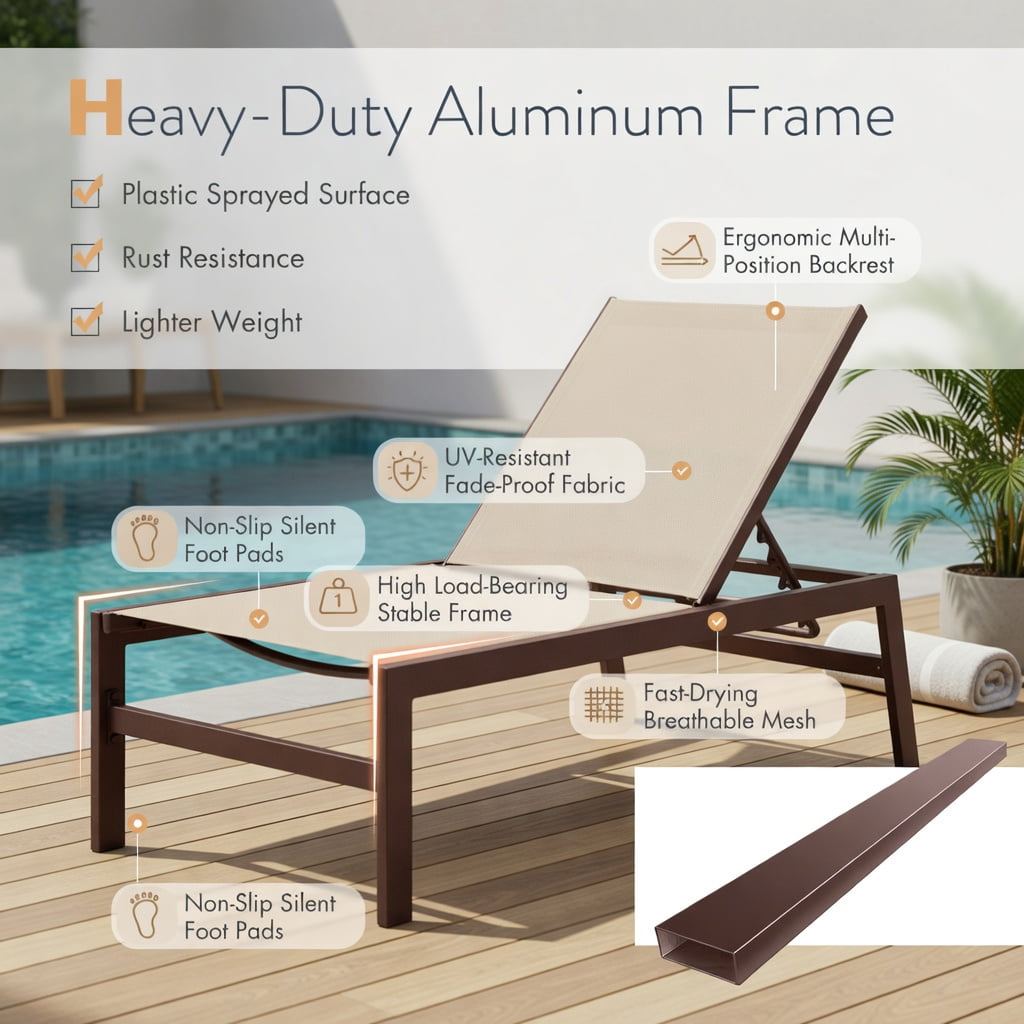 Hommoo 6-Position Adjustable Chaise Lounge Chair, Rustproof Aluminum Frame, Breathable Quick-Dry Fabric, Flat-Lay Recliner for Patio, Poolside & Backyard, Brown