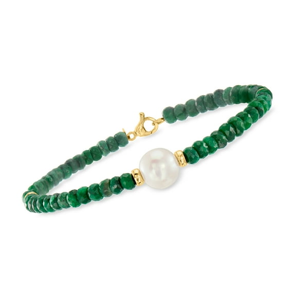 Ross-Simons Cultured Pearl and 26.00 ct. t.w. Emerald Bead Bracelet in 14kt Yellow Gold, Women's, Adult