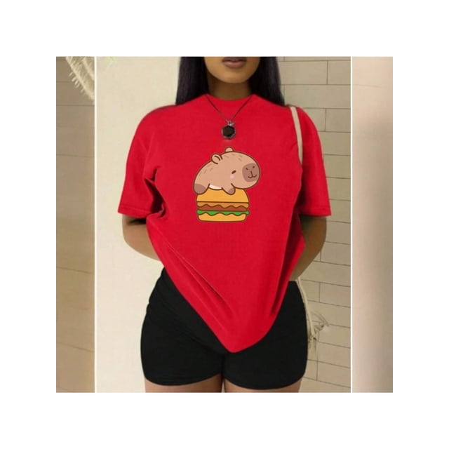 Playera Blusa De Capybara Con Una Hamburguesa Capibara Color Rojo Talla Mediana Marca Emil SaEs