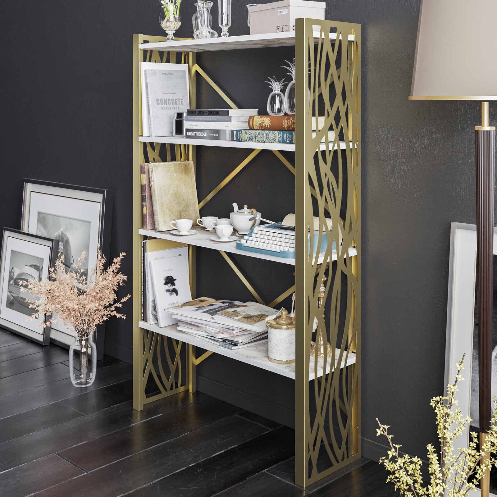 Phyllis 58" H x 35" W Metal Etagere Bookcase, Manufactured from 18 mm particle board and metal