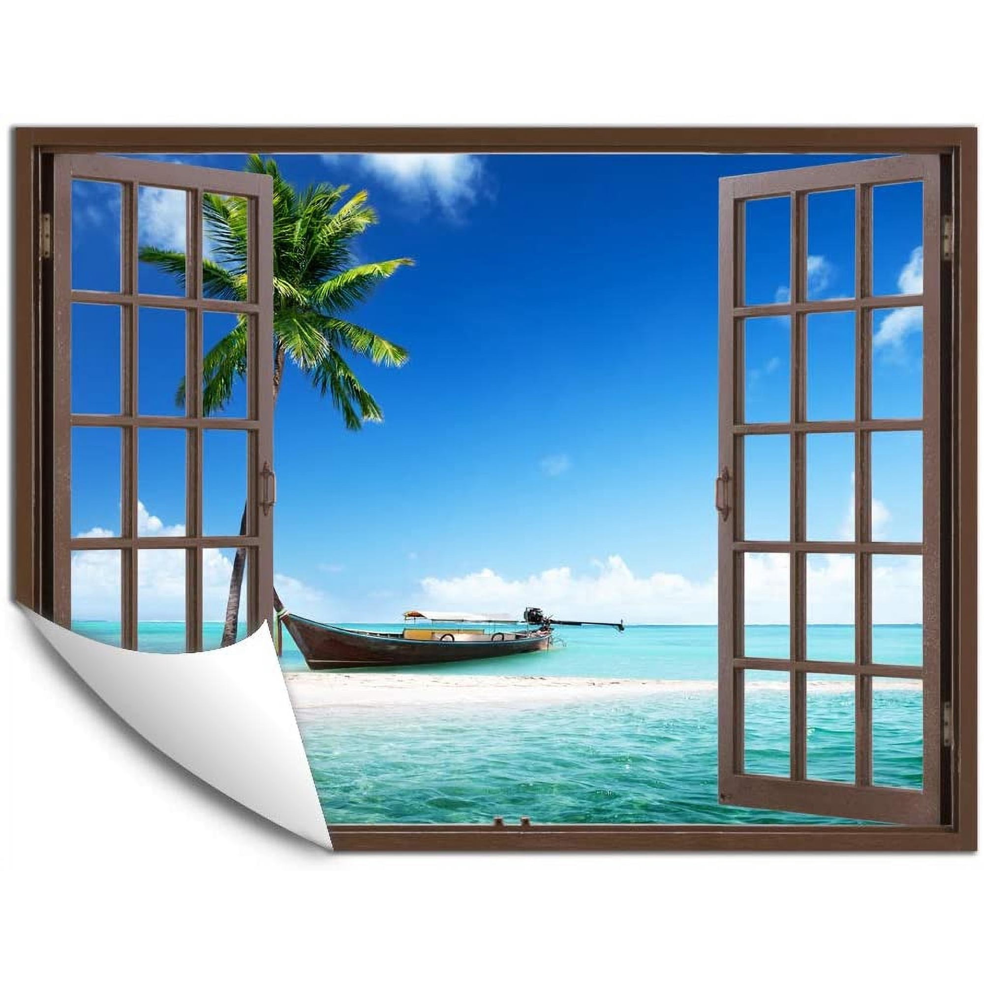 IDEA4WALL Fake Brown Window Wall Mural Beach Peel and Stick Wallpaper Removable Wall Sticker Decal