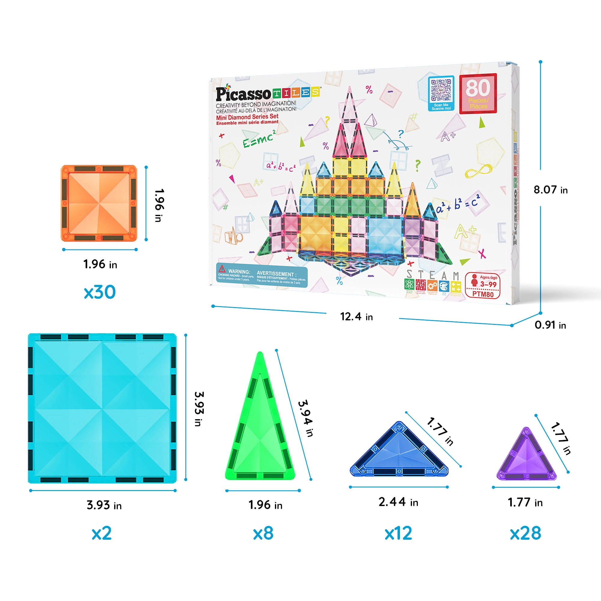 PicassoTiles Mini Magnetic Tiles for Kids – 80PCS STEM Construction Building Blocks Travel Toy Set