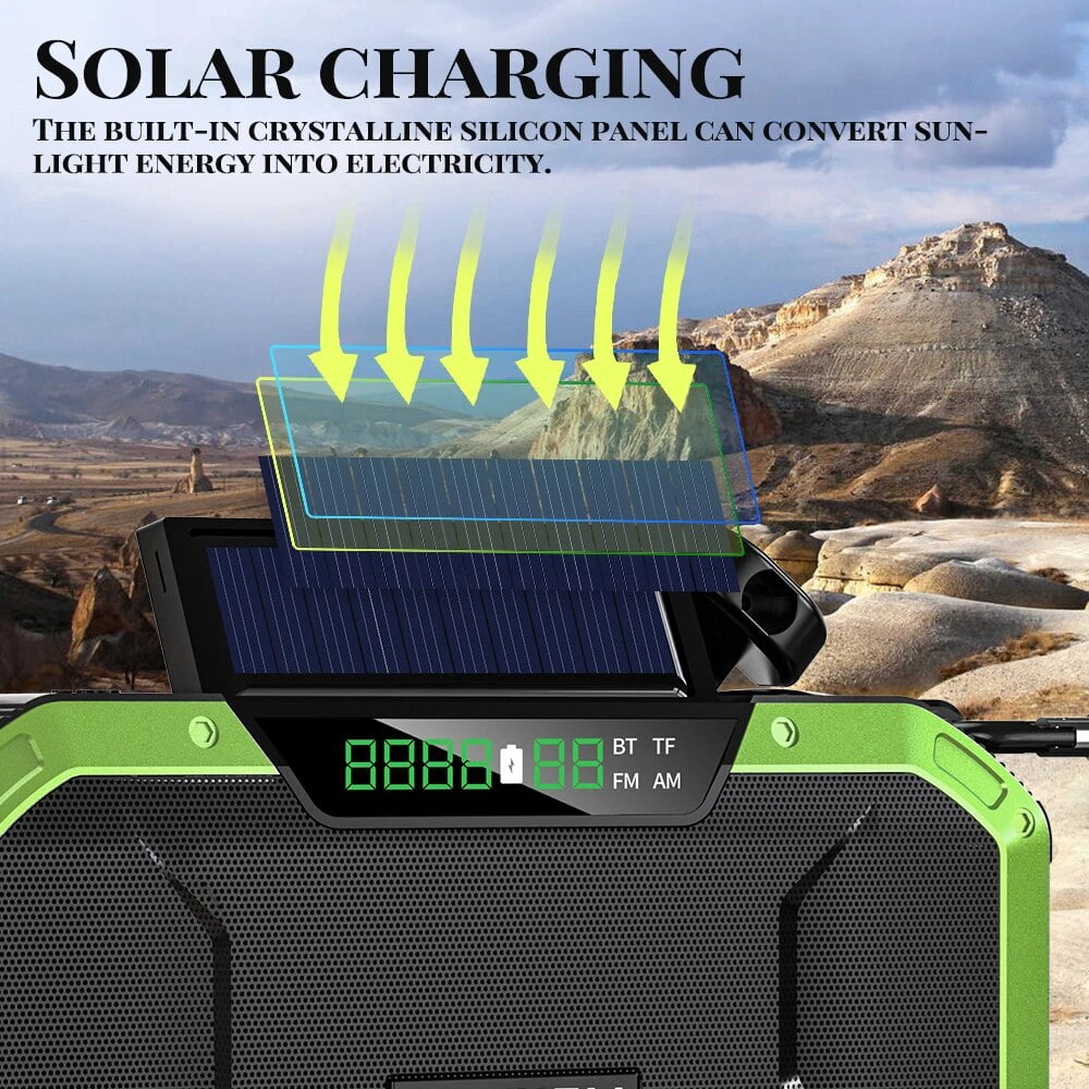 Portable Radio Hand Crank Radio Receiver Multifunction IPX6 Waterproof Outdoor Emergency Radio BT Speaker FM & LED Light