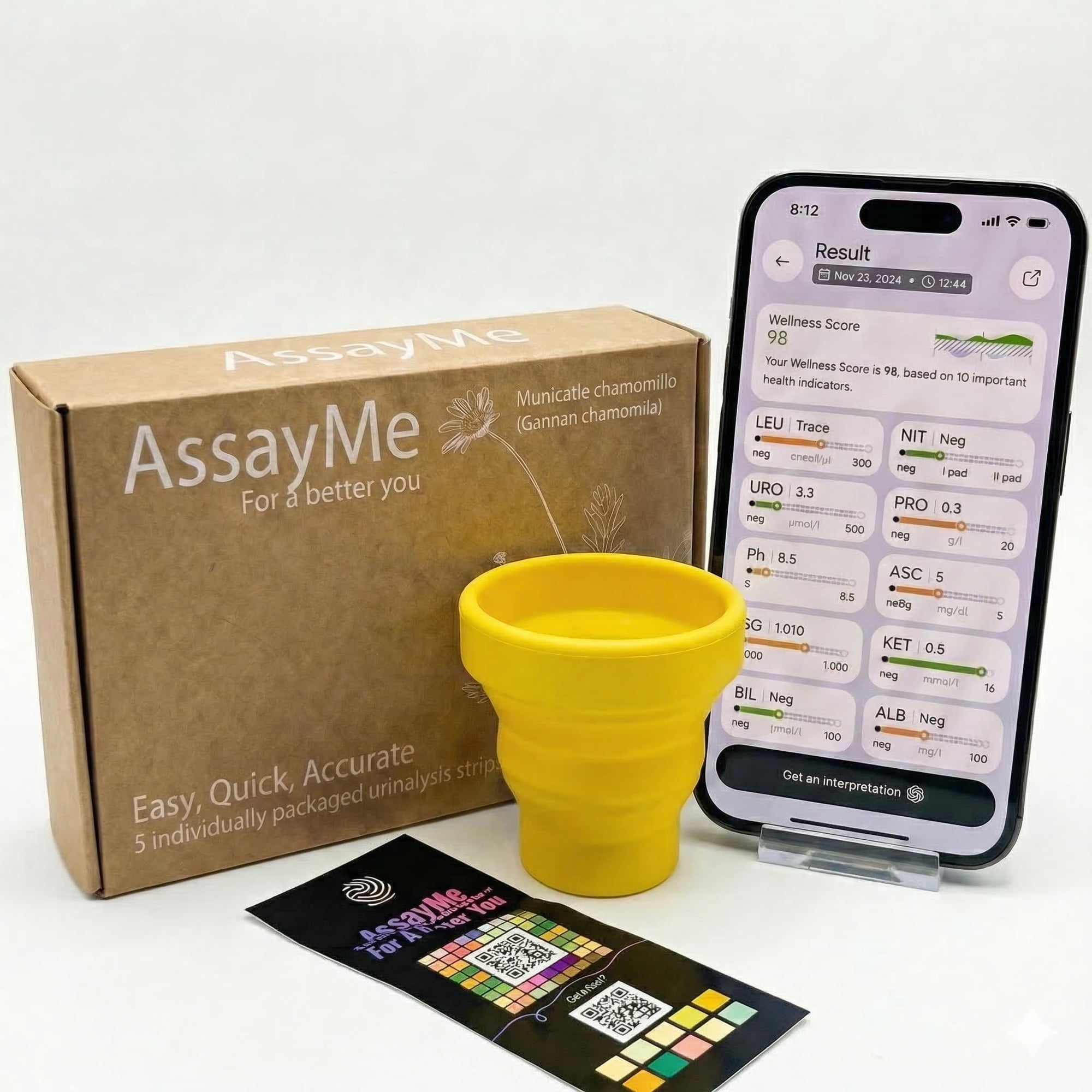 AssayMe 10-in-1 Urine Test | AI Scan · Ketones, pH & Wellness Score