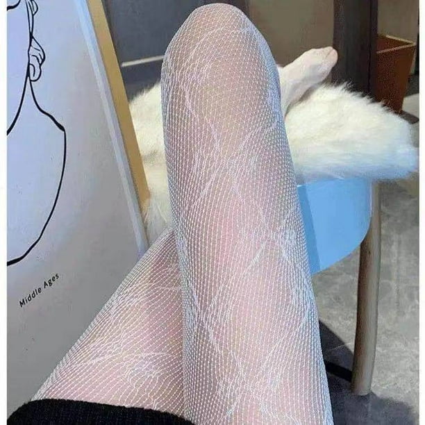 Medias de malla negras sexys, pantalones dobles de luna blanca, medias de rejilla