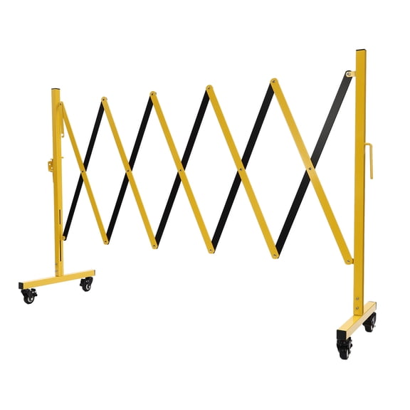 Retractable Folding Security Gate, Metal Expandable Barricade Gate, B2T-TL0-250, Yellow Black, Foldable to 10.2in, Aluminum Iron, Plastic Coated, 4 Swivel Lock Wheels, Solid T-Base, Anti-Rust