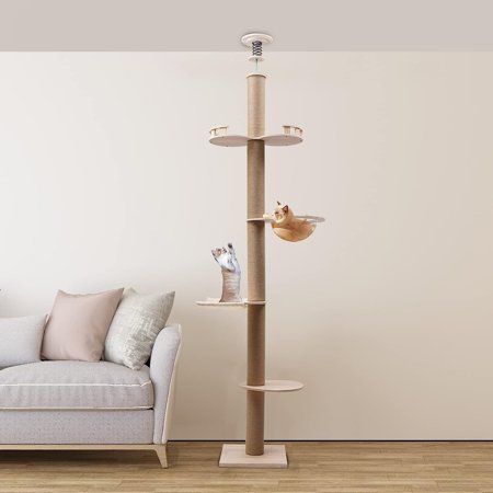 -Standing Cat Climbing Tower, Floor-to-Ceiling Cat Tree with Adjustable Height, 4-Tier Cats Scratching Post with Springboard Space Capsule U-Shaped Hammock, Cat Tree for Indoor Cats