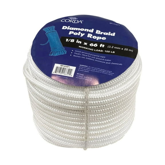 Diamond Braid Rope, White, Polypropylene, 1/8" x 66'