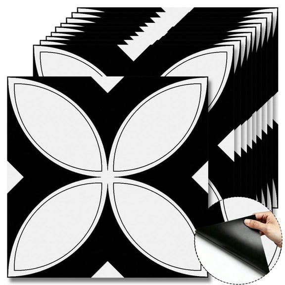 10 Pcs Black White Four-Leaf Floral Peel and Stick Floor Tiles, 12x12 In Covers 10 Sq.Ft, Self-Adhesive DIY Vinyl Flooring, Removable Waterproof, Ideal for Kitchen, Bathroom, Bedroom, Home Walls