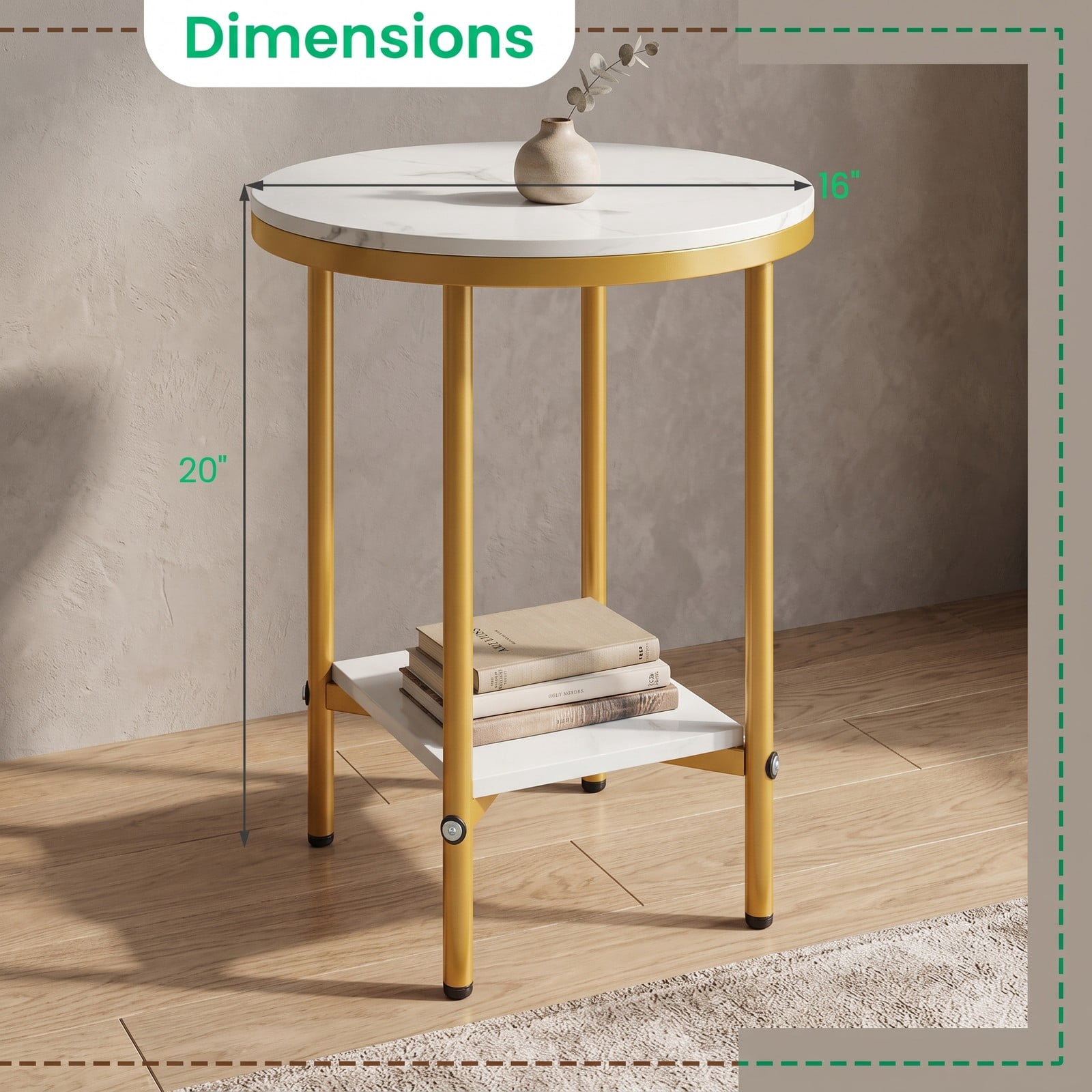 Furnibear 2-Tier Round Coffee Table with Storage Shelf, Faux Marble Top End Side Accent Table with Golden Metal Frame for Living Room Bedroom Small Space, White & Gold