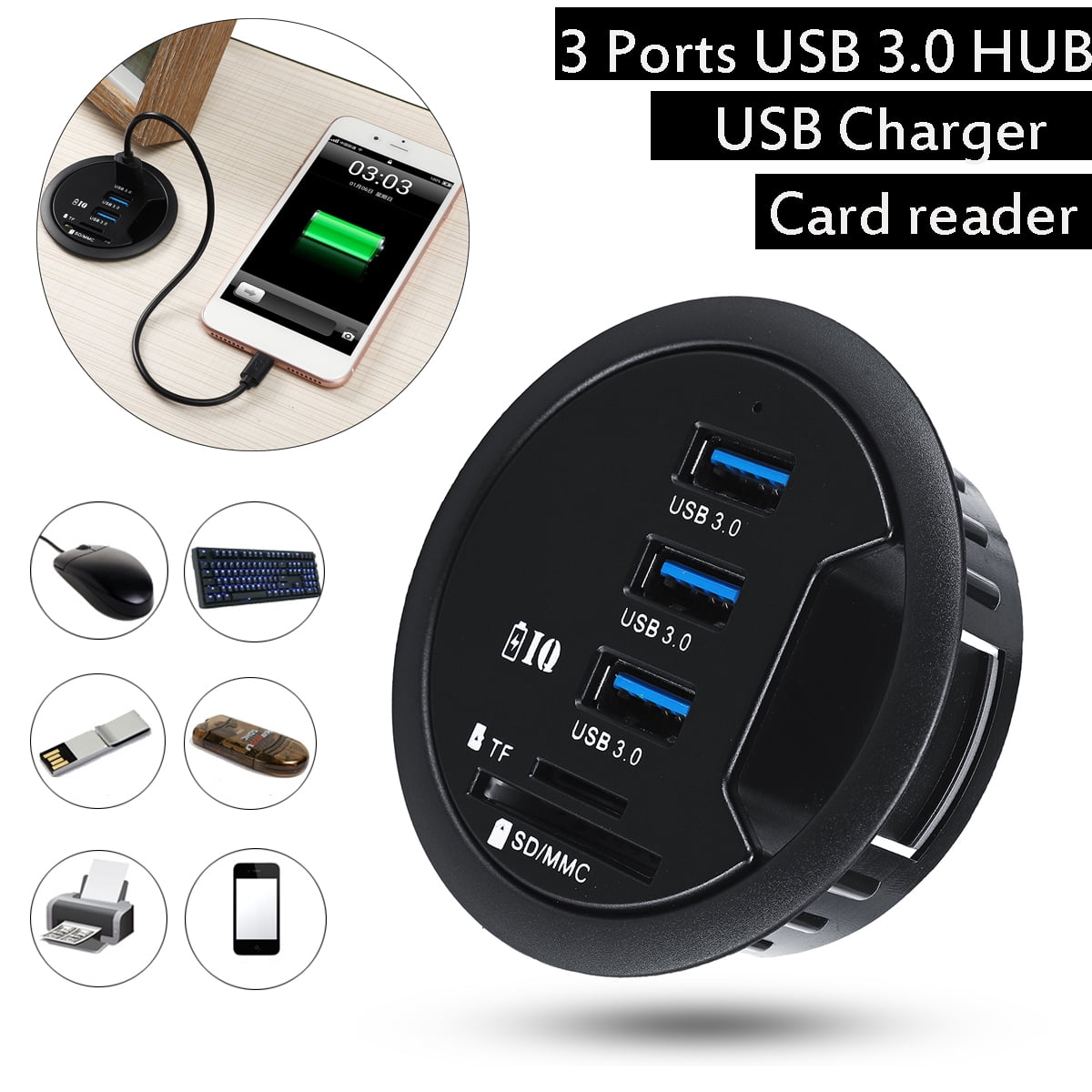 InDesk USB Hub 3 Port USB 3.0 Charger Cable SD TF Card Reader Combo