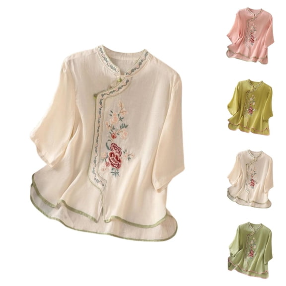 Elbow Sleeve T Shirts for Women 2026 Summer Casual Cotton Linen Stand Collar Vinatge Embroidered Tee Shirt