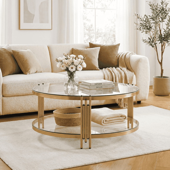 36" Round Glass Coffee Table,Gold Circle Coffee Table with Storage