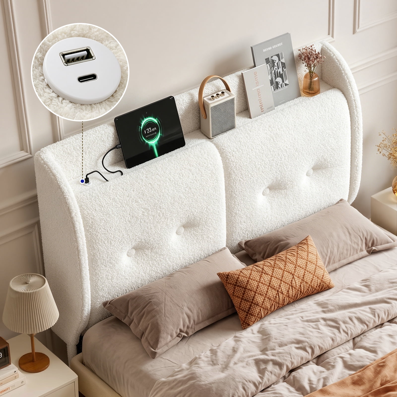 Pinmoco Full Upholstered Headboard with Storage & Charging Station, LED Wingback Adjustable Headboard, Teddy Fabric Headboard Only, White
