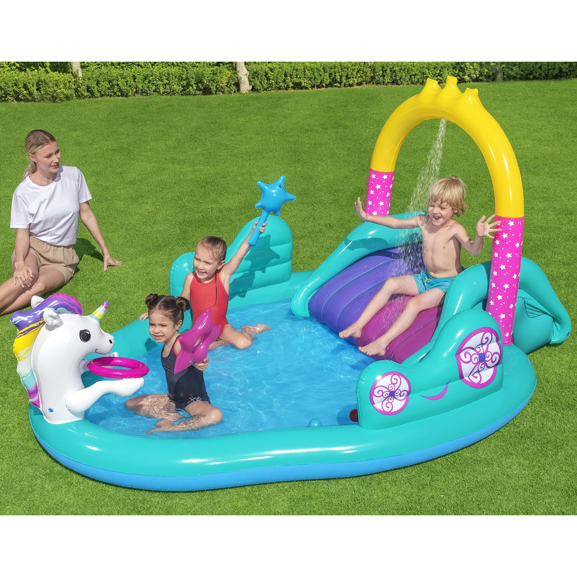 Bestway: H2OGO! Magical Unicorn Carriage Play Center - 9' Multicolor Inflatable, Kiddie Wade Splash Pool, Water Slide, Arch Sprayer, Toddler & Kids 2+