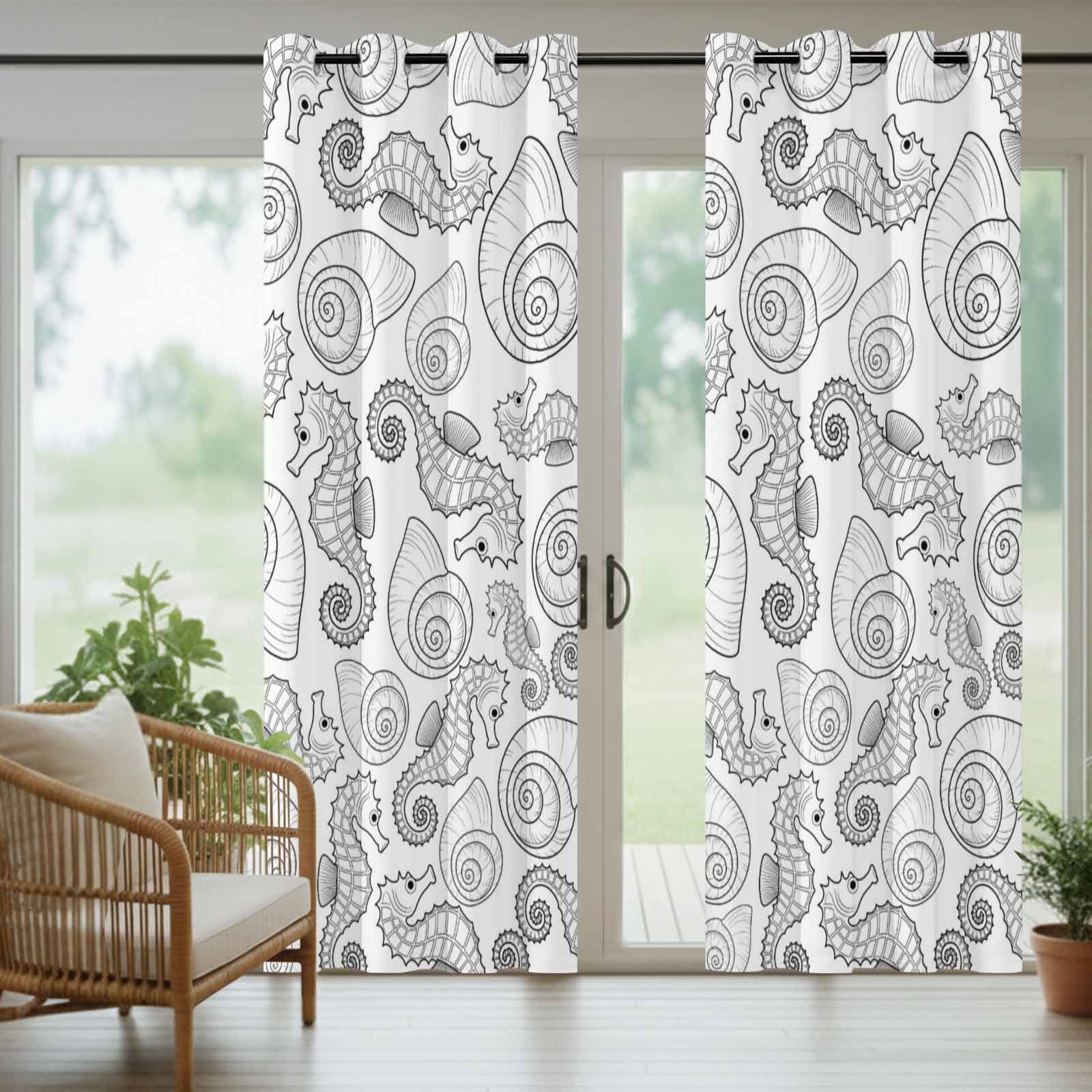 Marine Life Outdoor Curtains for Patio, Oceans Horses Sea Nut Line Sketches Style Black Sunshade Privacy Drapes Grommet Waterproof Outside Curtains for Porch/Cabana/Balcony 54"x 108", 1 Panel
