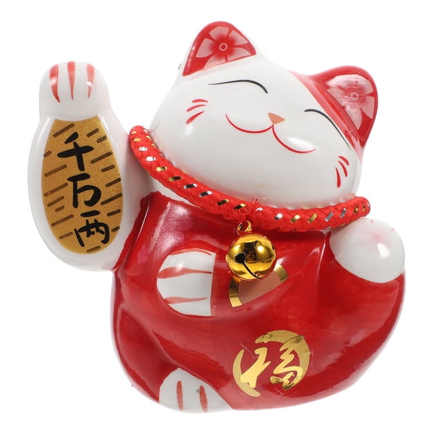 Adorable hucha de cerámica Maneki Neko, figura de gato de la suerte para decoración del hogar y ahorros, regalo ideal para la buena suerte, color rojo
