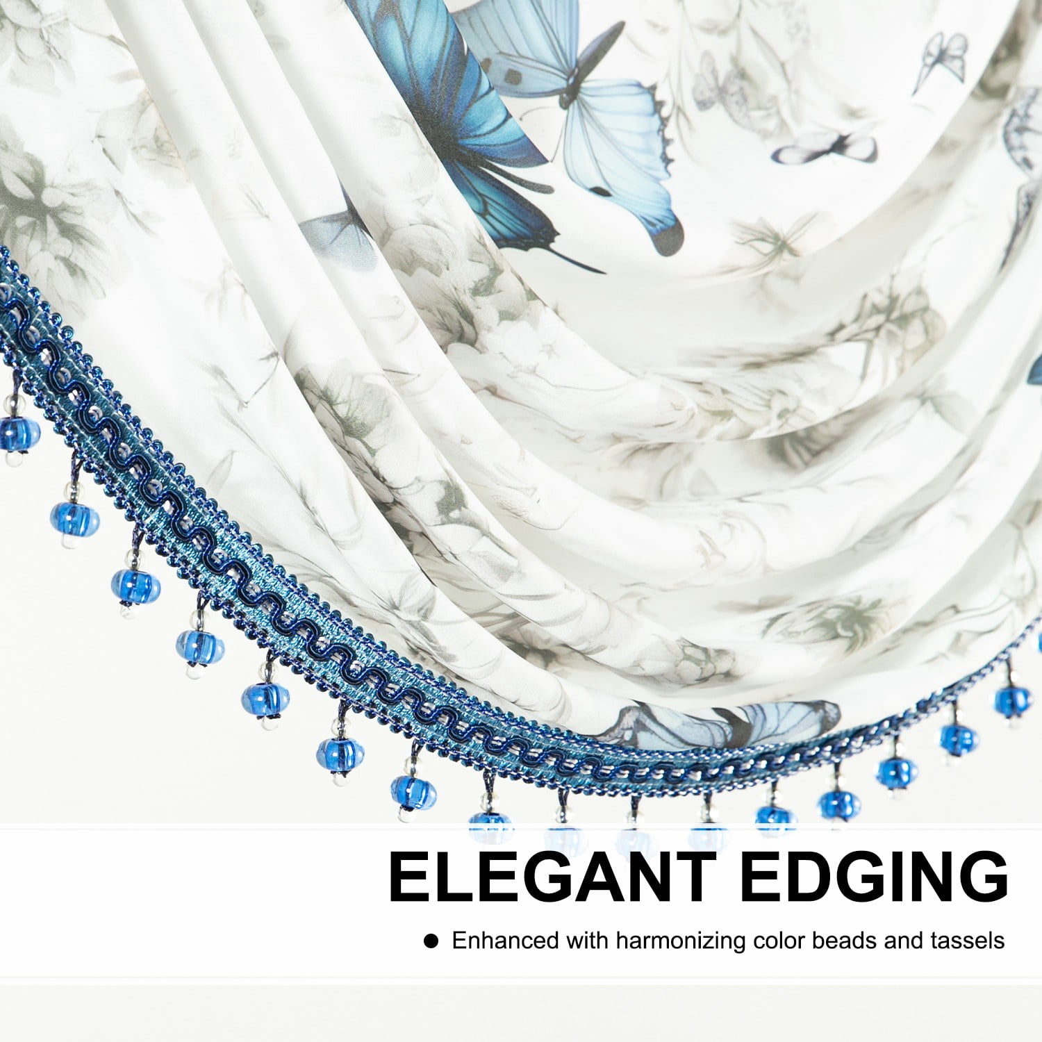 VOGOL Blue Butterflies Valance, Waterfall Swag Drapes with Bead Tassels for Bedroom Decor, 110x43 Inches
