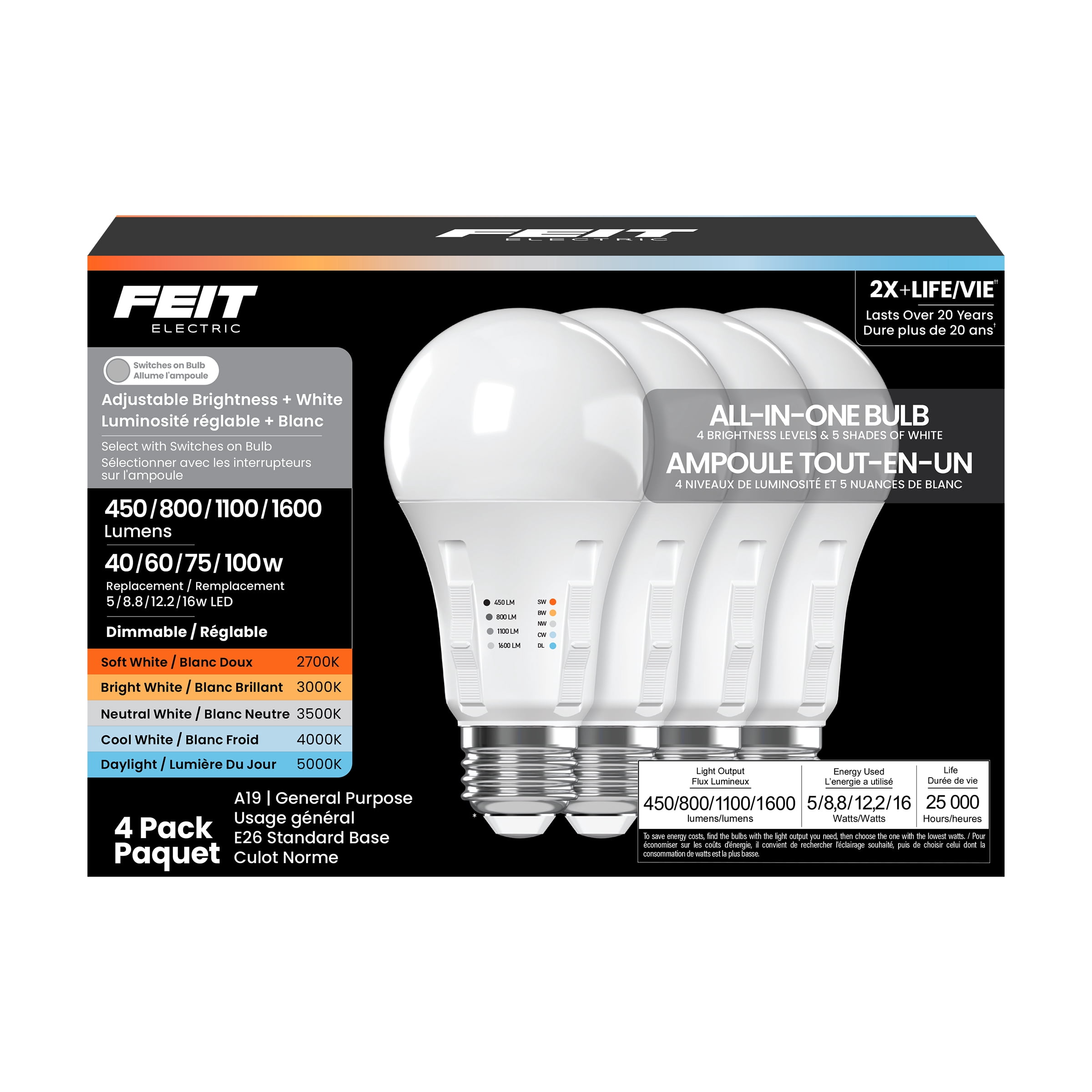 Feit Electric A19 5W, 8.8W, 12.2W, 16W (40W, 60W, 75W, 100W Replacement) Adjustable Brightness, Adjustable White, Dimmable, All-in-One LED Bulb, 4-Pack