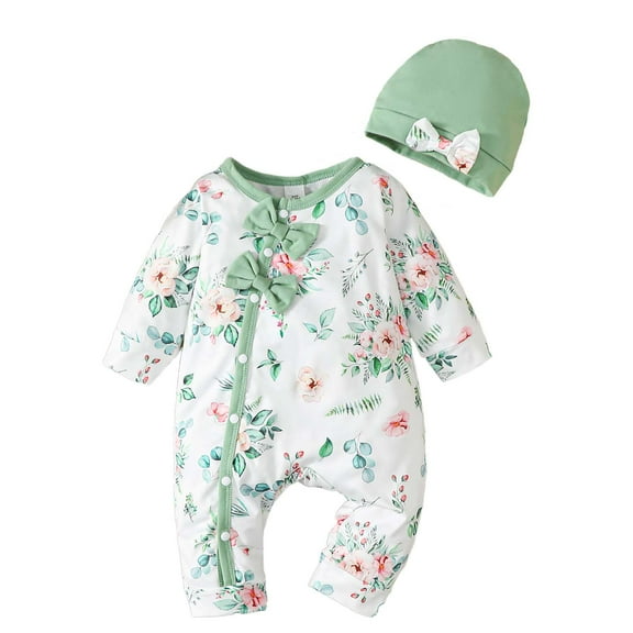KIMI BEAR Newborn Baby Girls Bodysuits Floral Long Sleeves Rompers Baby Girls One-pieces with Hat 2pcs Green 0-3 Months