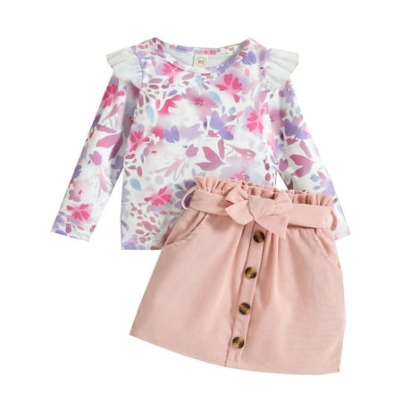 

Toddler Girls Outfits Floral Printed Ruffle Trim Long Sleeve T Shirt Skirt Kids Children Spring Summer Fashion Leisure Cute Sleepwear Streetwear Sets