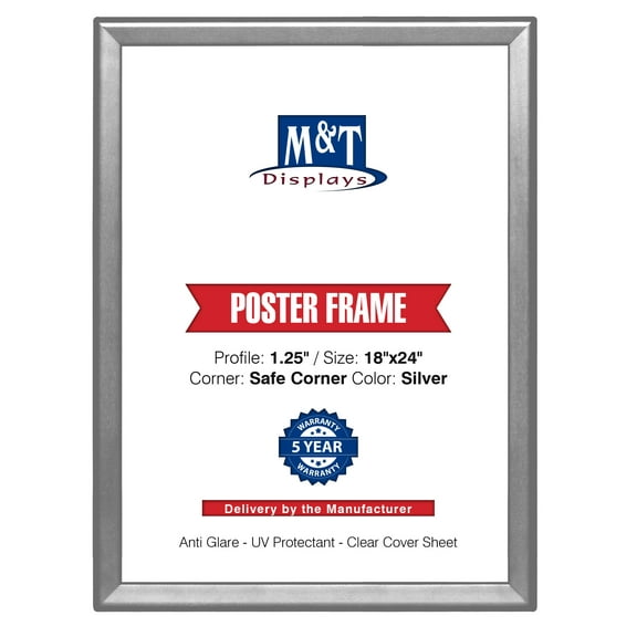 Snap Frame 18'' X 24'' Poster Size 1.25" Silver Color Profile, Safe Round Corner